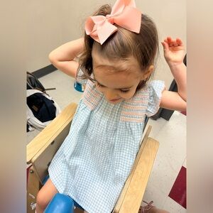 Babidu Blue and Peach Gingham Smocking Dress with bloomers wooden buttons